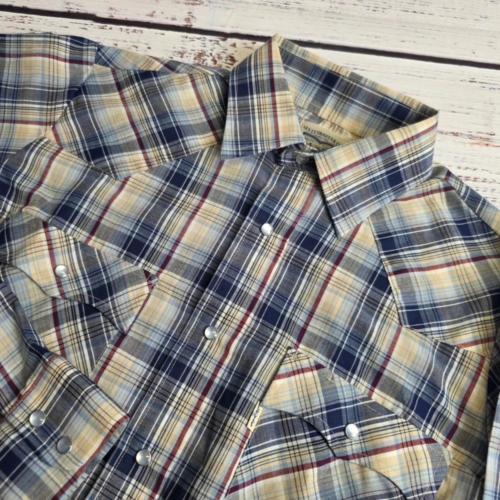 Vintage 1984 Levis Western Pearl Snap Shirt Mens Small Plaid Blue Tan Light Thin